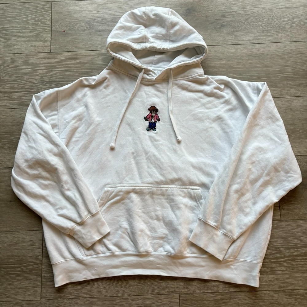 Wallace Mens White Long Sleeve Fleece Bear Embroidered Pullover Hoodie Size XL‎